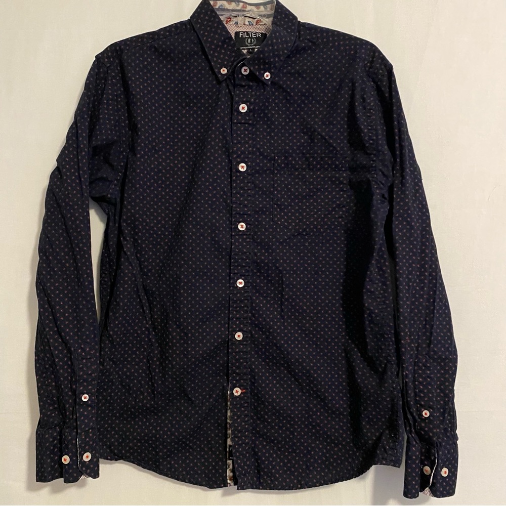 FILTER Navy Red Paisley Button Down Long Sleeve Dress Shirt Size Large